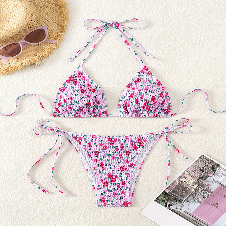 Damen Floral Push-Up-Bikini-Set mit verspielten Bindebändern Drune