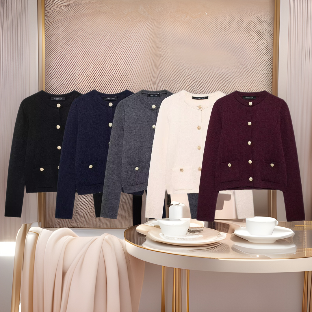 Damen Strickjacke mit schimmernden Knöpfen und Taschen Drune