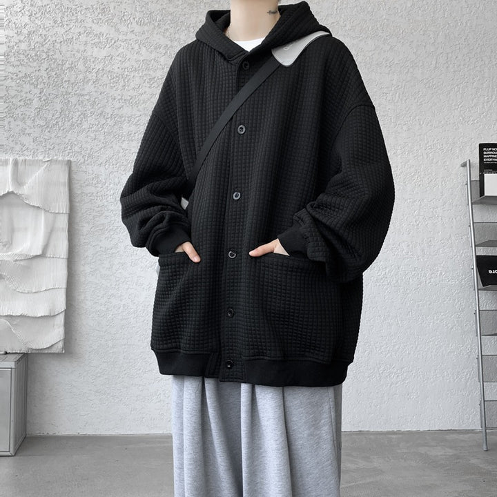 Herren Oversize-Stepp-Kapuzenjacke mit Waffelstruktur, Knopfleiste und Eingrifftaschen Drune