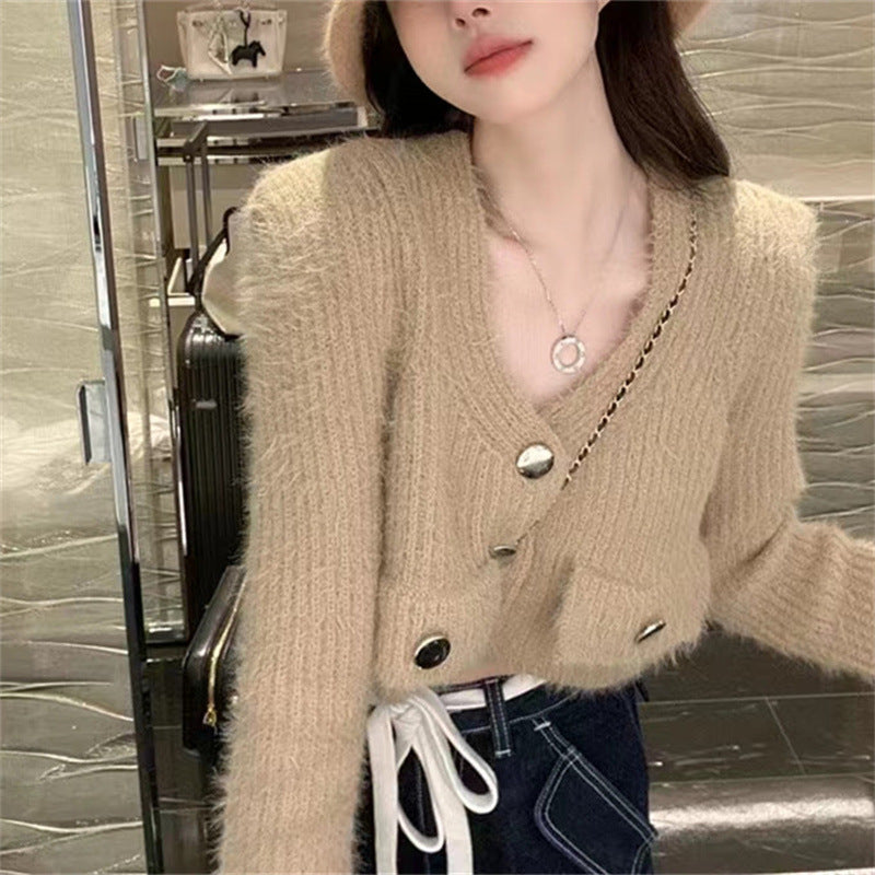 Damen Flauschige Strickjacke mit V-Ausschnitt und dekorativen Knöpfen Drune