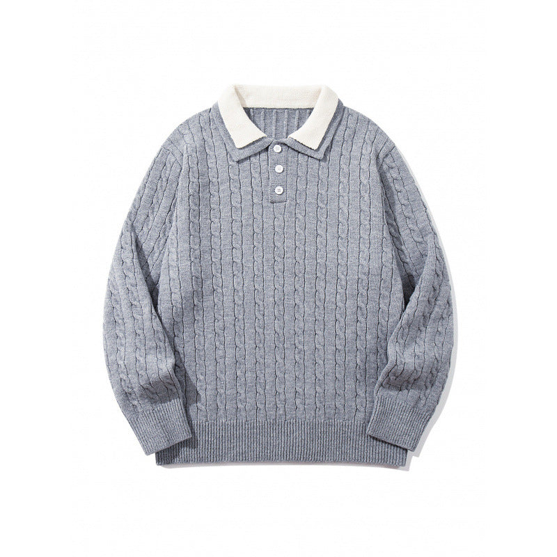 Herren Grobgestrickter Polokragen-Pullover mit Zopfmuster und Knopfleiste Drune