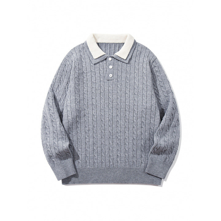 Herren Grobgestrickter Polokragen-Pullover mit Zopfmuster und Knopfleiste Drune