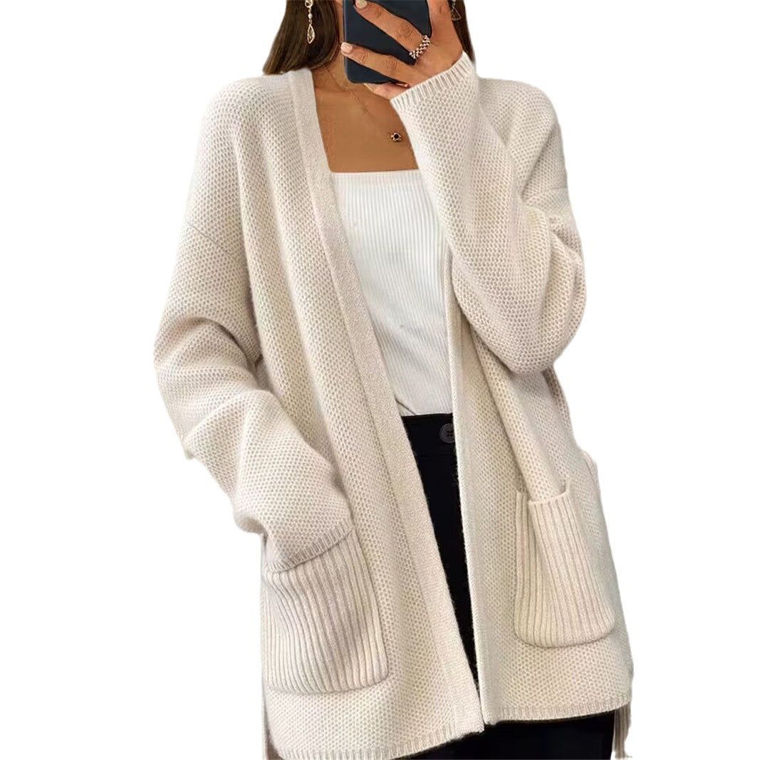 Damen nan lange Strickjacke mit Bindegürtel, aufgesetzten Rippentaschen und lockerem Waffelstrick Drune