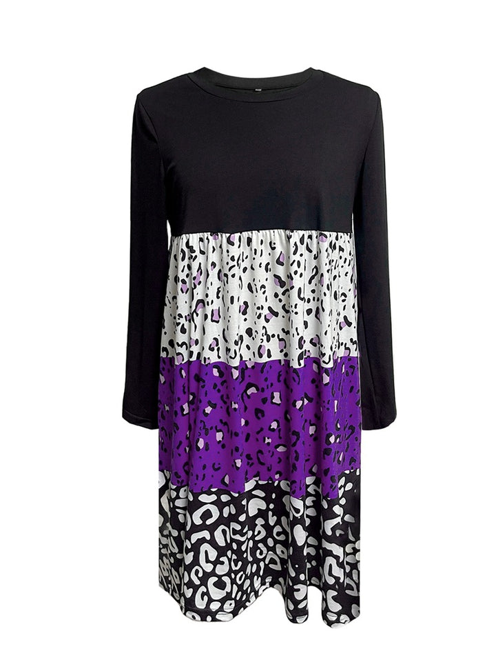 Damen nan langärmliges Stufenkleid mit geraffter Empire-Taille und gemischtem Animal-Print Drune