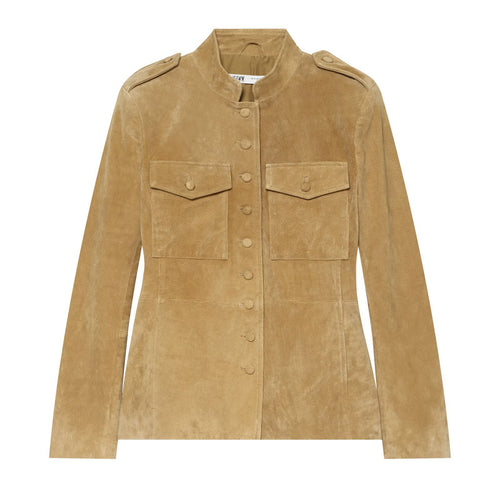 Damen Taillierte Wildlederjacke mit Stehkragen, Pattentaschen und Schulterklappen Drune