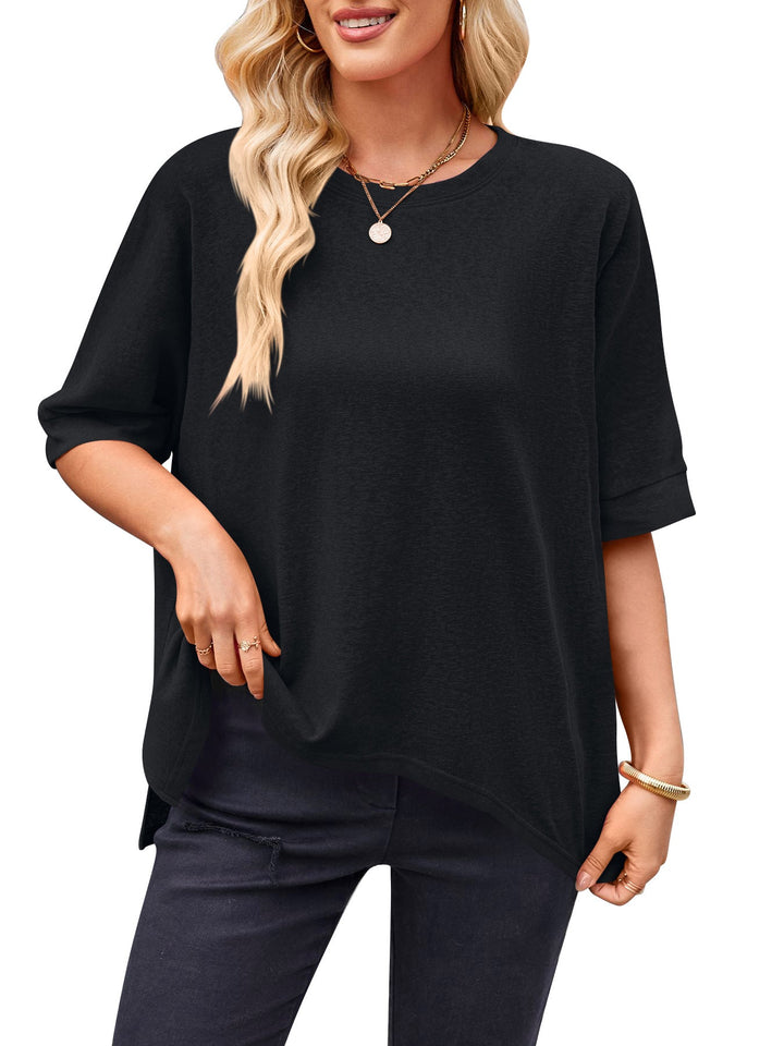 Damen lässiges Oversized T-Shirt mit seitlichen Schlitzen und umgeschlagenen Ärmeln Drune