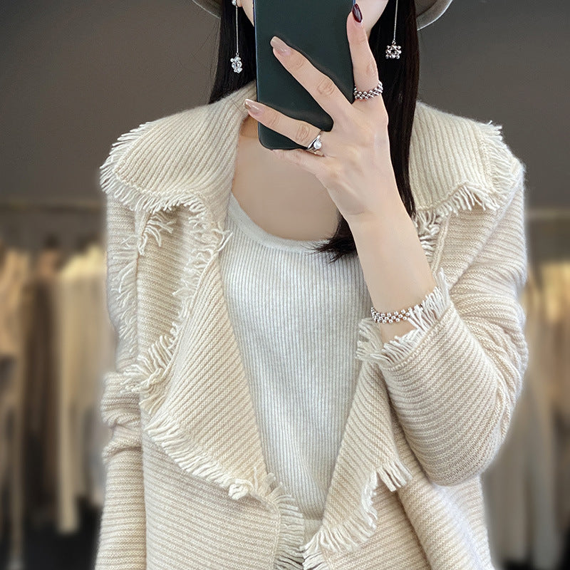 Damen Langer Fransen‑Strickcardigan mit großem Schalkragen und feiner Rippenstruktur Drune