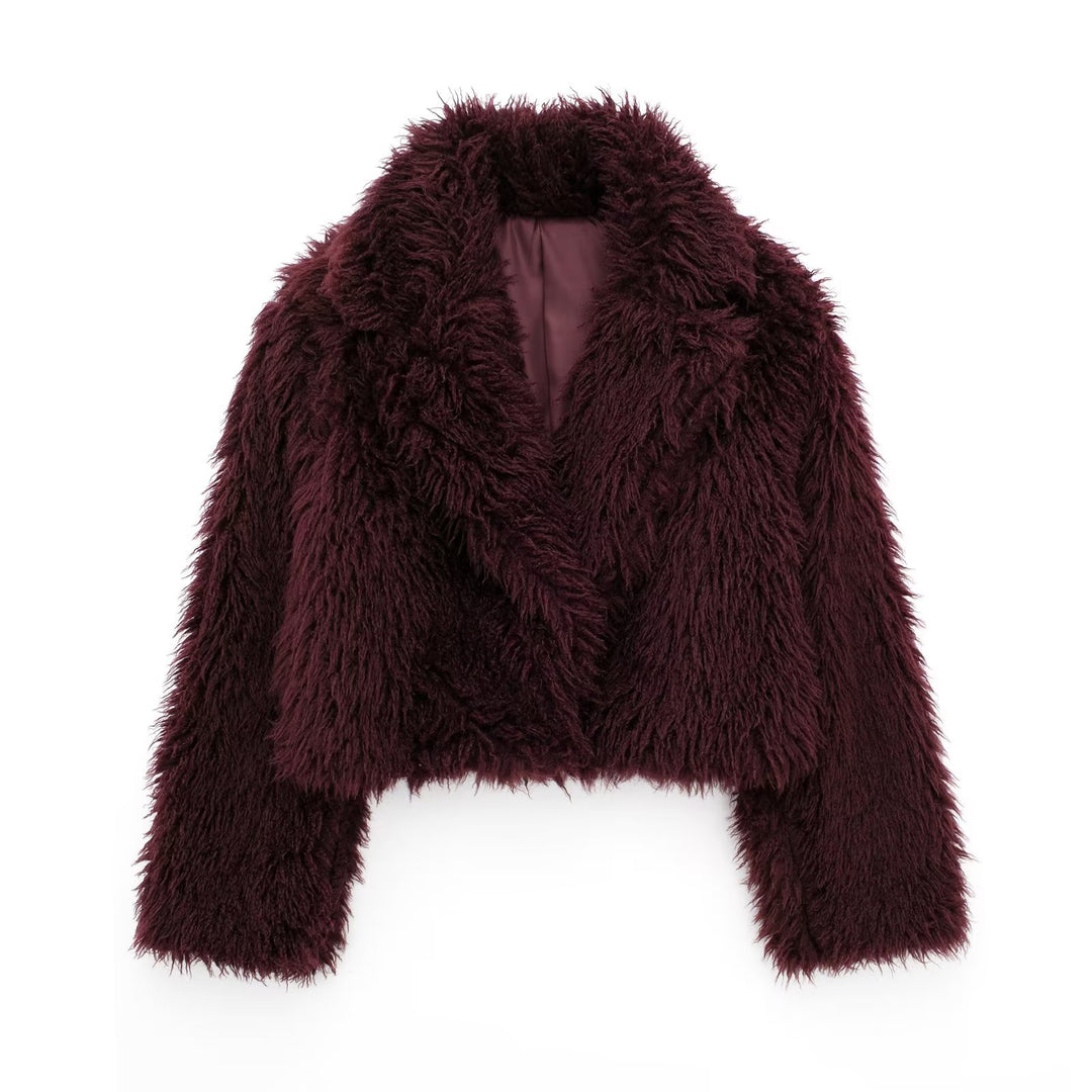 Damen Kurz geschnittene Teddy-Faux-Felljacke mit weitem Reverskragen und soften Flor Drune