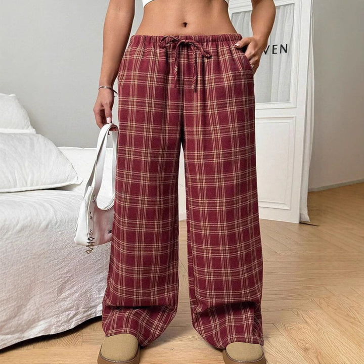 Damen Weite Karo Freizeithose mit elastischem Bund und Kordelzug Drune
