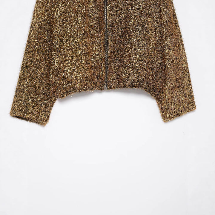 Damen nan cropped Glitzer-Strickjacke mit Reißverschluss und weitem Schalkragen Drune