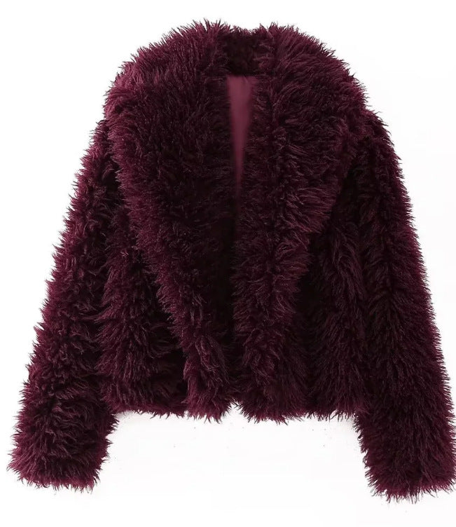 Damen Cropped Kunstfelljacke mit voluminösem Schalkragen und kurzer Silhouette Drune