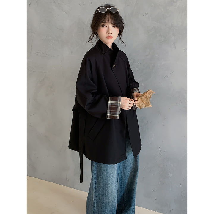 Damen Oversize Trenchcoat mit Taillengürtel und karierter Ärmelaufschlag Drune