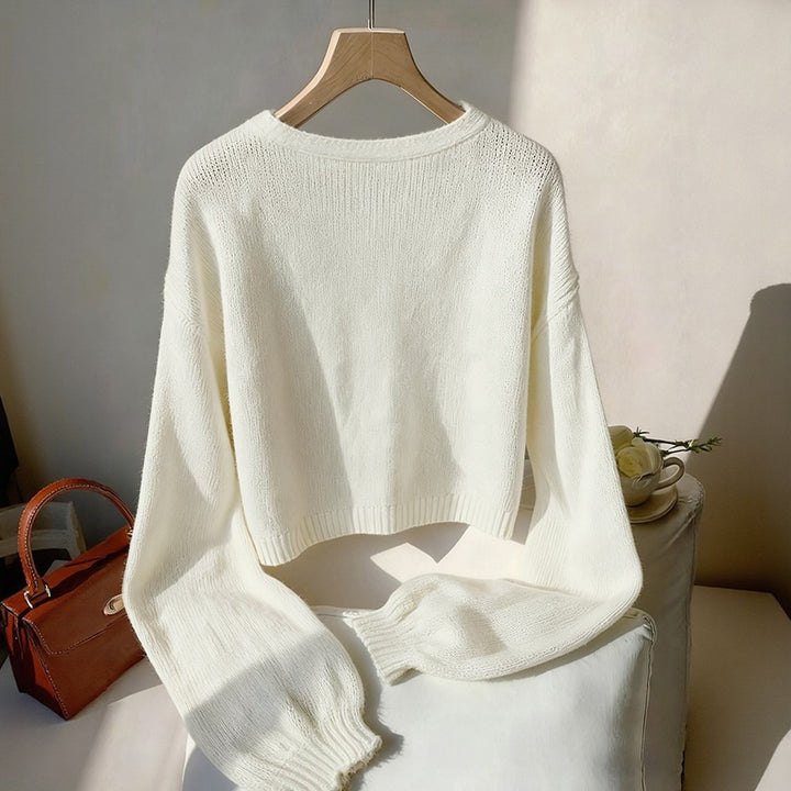 Damen Cropped Strickpullover mit Schleifen Drune