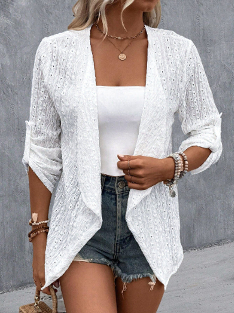 Damen nan leichter Ajourstrick-Blazer mit Wasserfallfront und krempelbaren Ärmeln Drune