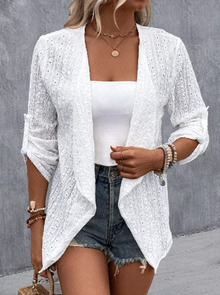 Damen nan leichter Ajourstrick-Blazer mit Wasserfallfront und krempelbaren Ärmeln Drune