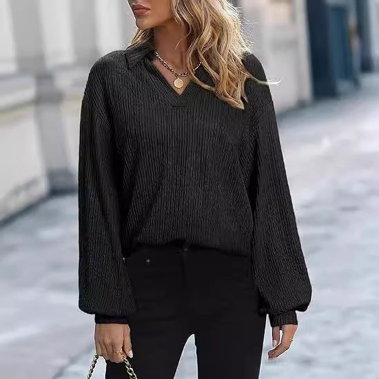 Damen Fleece-Microstruktur Pullover mit V-Ausschnitt und langen Ärmeln Drune