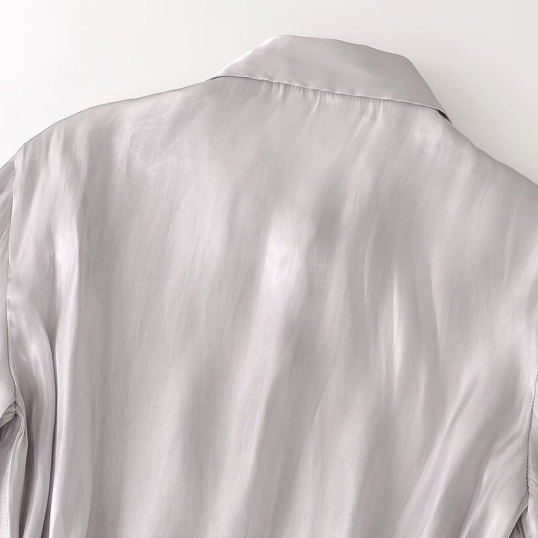 Damen Seidenmatt taillierte Hemdbluse mit Kordelzug und verdeckter Knopfleiste Drune