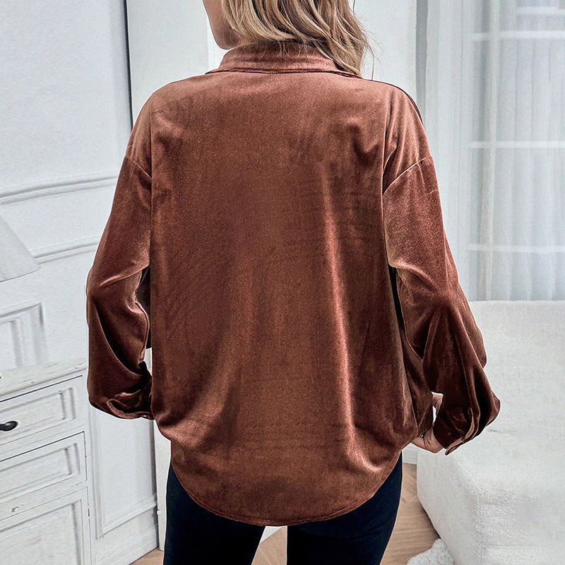 Damen Velours-Hemdbluse mit Brusttasche und klassischem Kragen Drune