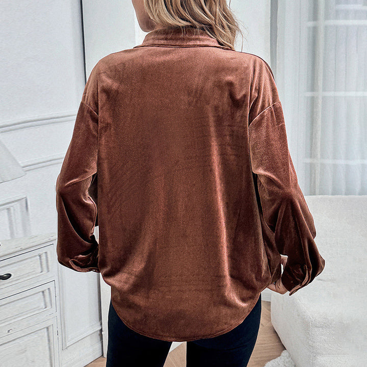 Damen Velours-Hemdbluse mit Brusttasche und klassischem Kragen Drune