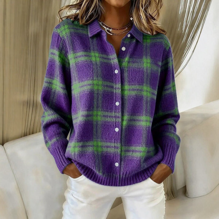 Damen Kariertes Strick-Hemdjacke-Cardigan mit Hemdkragen und gerippten Bündchen Drune