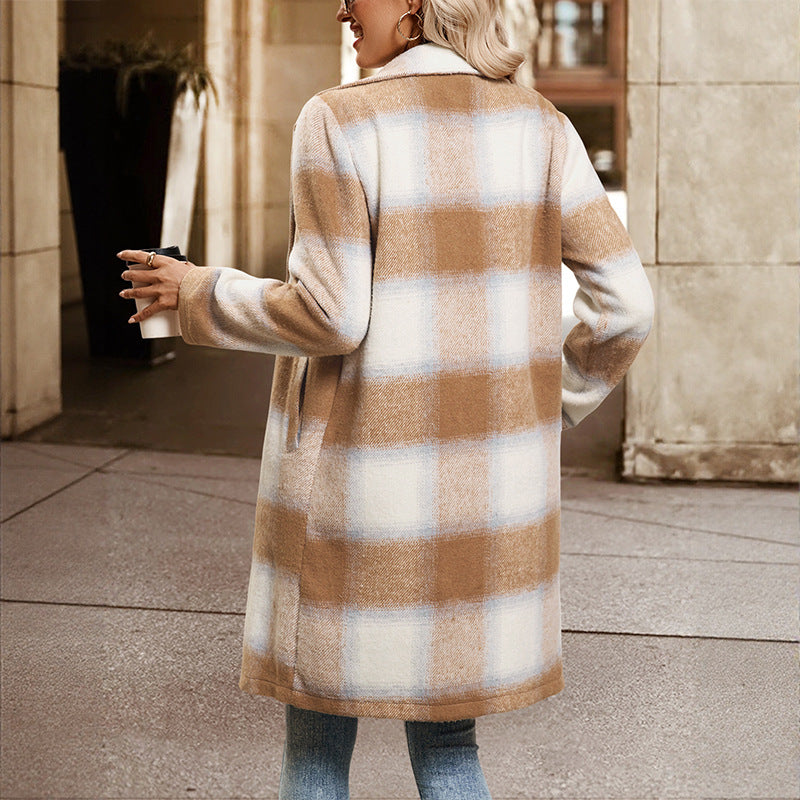 Damen Zweireihiger Wollmix-Mantel mit Oversize-Karos, Reverskragen und Eingrifftaschen Drune
