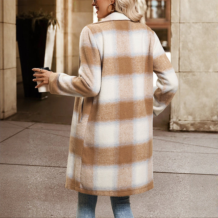 Damen Zweireihiger Wollmix-Mantel mit Oversize-Karos, Reverskragen und Eingrifftaschen Drune