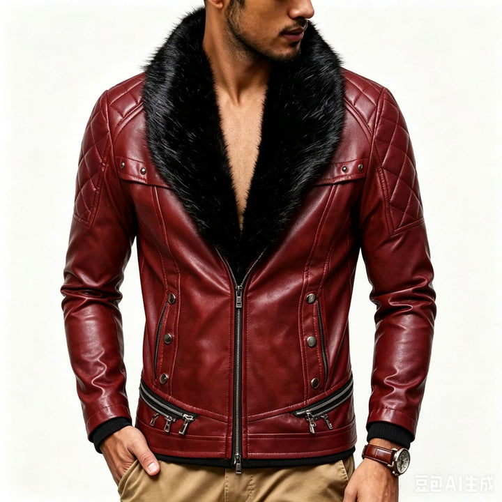 Herren Biker-Lederjacke mit gesteppter Schulter, voluminösem Fellkragen und Zierreißverschlüssen Drune