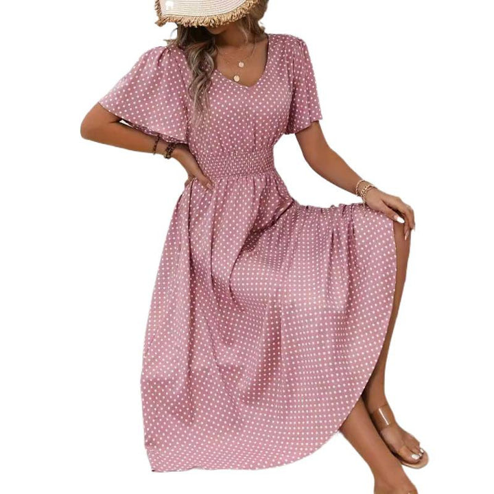 Damen Maxikleid im verspielten Punktdesign mit voluminösen Ärmeln und tiefem V-Ausschnitt Drune