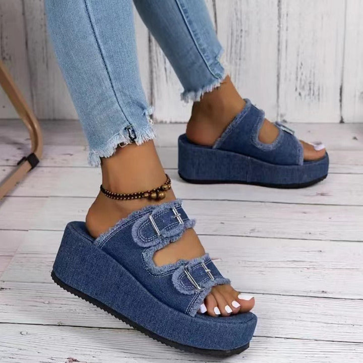Damen bequeme Plattformsandalen aus Denim mit doppeltem Riemen Drune