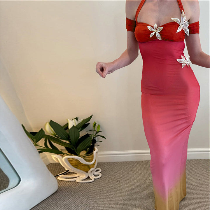 Damen Maxikleid mit elegantem Halterdesign und floralem Akzent Drune