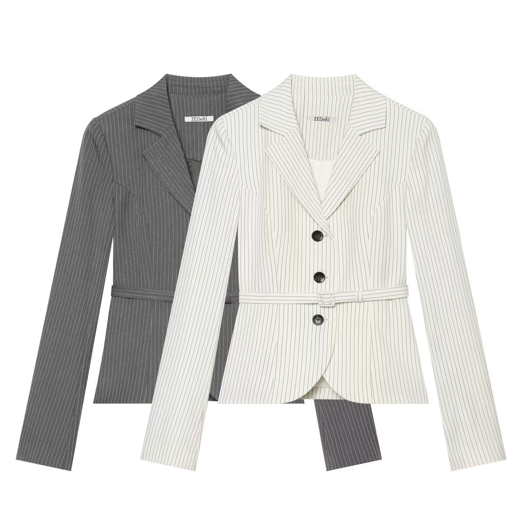 Damen Taillierter Nadelstreifen-Blazer mit Gürtel und Dreiknopfverschluss Drune