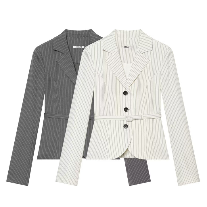 Damen Taillierter Nadelstreifen-Blazer mit Gürtel und Dreiknopfverschluss Drune