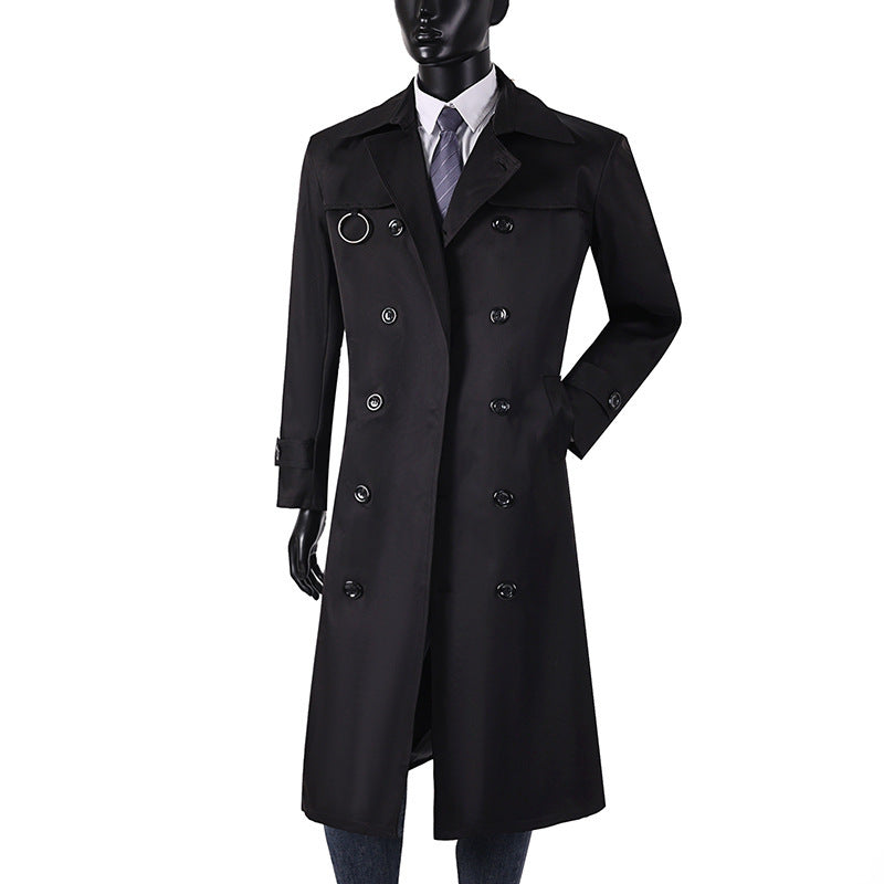 Herren Doppelreihiger Trenchcoat mit Taillierung, Reverskragen und dekorativem Metallring Drune