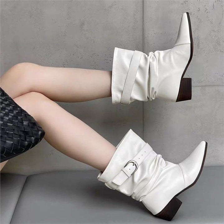 Damen Mid‑Calf Slouch Westernstiefel mit spitzer Zehenpartie, gerafftem Schaft und Zierschnalle Drune