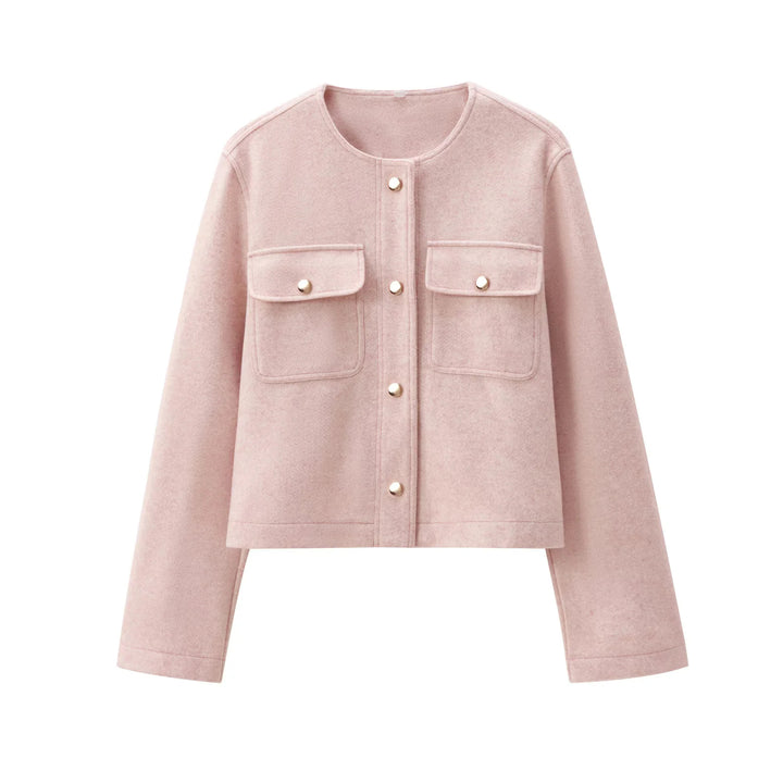 Damen nan kurz geschnittene Overshirt-Jacke mit Rundhals, Druckknopfleiste und aufgesetzten Pattentaschen Drune