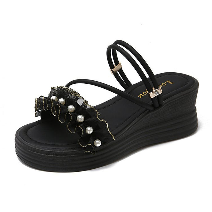 Damen Wedge-Sandalen mit Rüschen und Perlenverzierung Drune