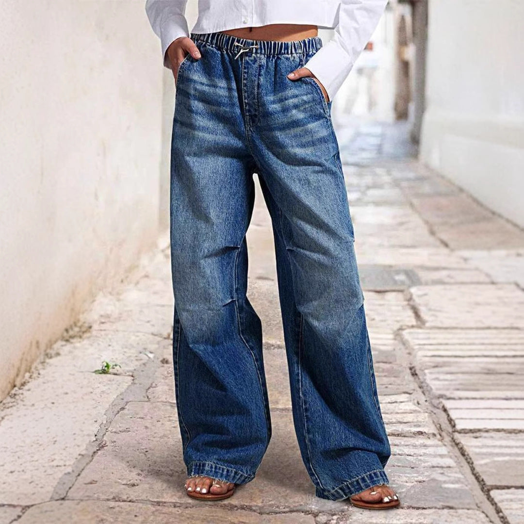Damen weite High-Waist Denim-Hose mit elastischem Bund Drune
