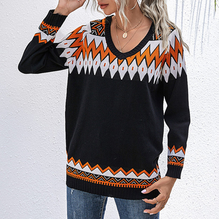 Damen Oversize Strickpullover mit geometrischem Aztekenmuster und asymmetrischem schulterfreiem Ausschnitt Drune