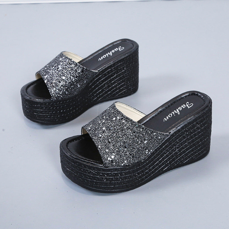Damen nan offene Plateau-Mule mit glitzerndem Riemen, geprägter Keilsohle und gepolstertem Komfortfußbett Drune