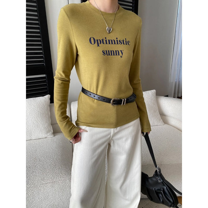 Damen Langarmshirt mit kreativem Schriftzug und figurbetontem Schnitt Drune