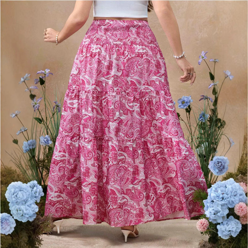 Damen maxi Rock mit voluminösem Volant und floralen Paisley-Muster Drune
