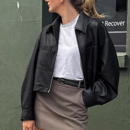 Damen Modische Cropped Kunstlederjacke mit Reißverschluss und Taschen Drune