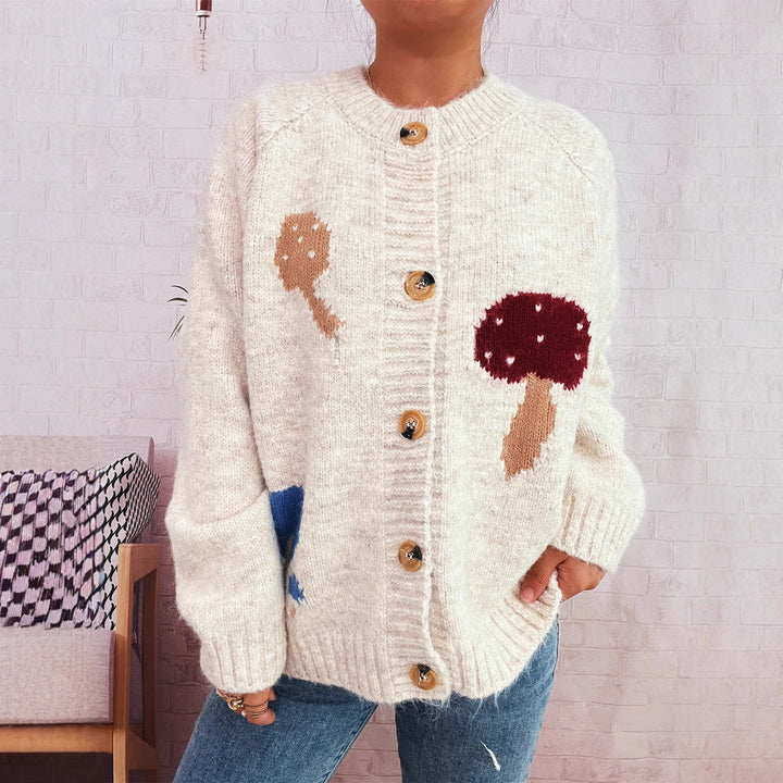 Damen Strickjacke mit kreativem Pilzmuster Drune