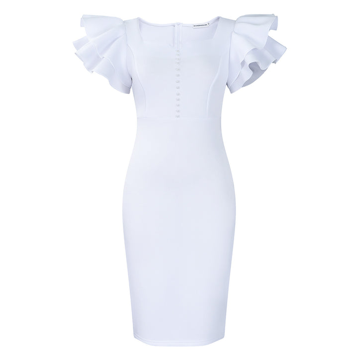 Damen figurbetontes Midi-Kleid mit voluminösen Rüschärmeln und Perlendetails Drune