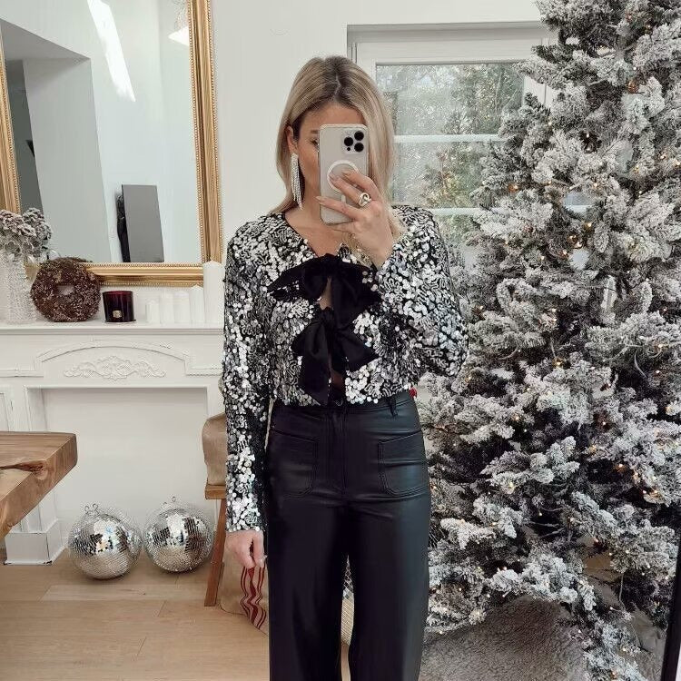 Damen nan Pailletten-Bolerojacke mit doppelt gebundenen Satin‑Schleifen und kurzer Cropped‑Silhouette Drune