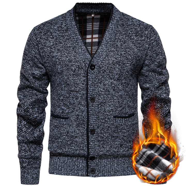 Herren Strukturierter V-Ausschnitt Strickcardigan mit kontrastierter Kante und kariertem Innenbesatz Drune