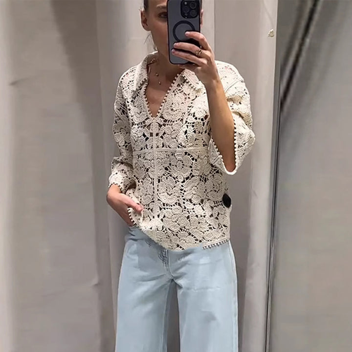Damen Gehäkelte Bluse mit floralem Ajourmuster und dreiviertel Ärmeln Drune
