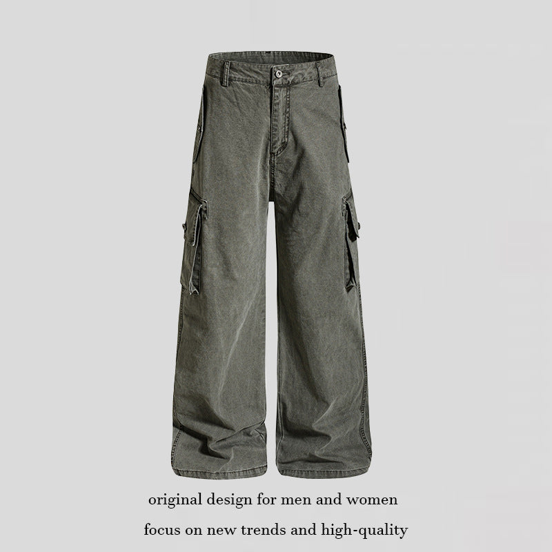 Damen Weite Cargo-Culotte-Hose im Vintage-Wash mit hoher Taille und Mehrfachtaschen Drune