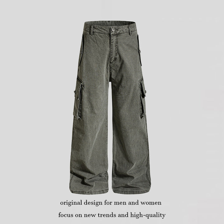 Damen Weite Cargo-Culotte-Hose im Vintage-Wash mit hoher Taille und Mehrfachtaschen Drune