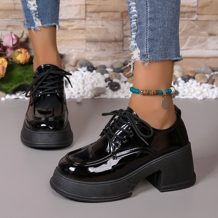 Damen Schnürschuhe mit glänzender Oberfläche und modischem Blockabsatz Drune